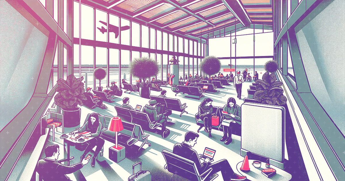 illustration of an airport terminal with several travelers using their wireless devices while they wait